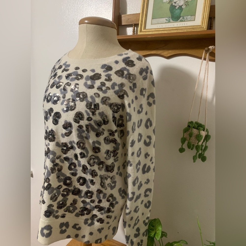 INC Wool Silk Cashmere Blend Sequin Leopard Sweater PM Animal Print Petite M - Picture 6 of 14
